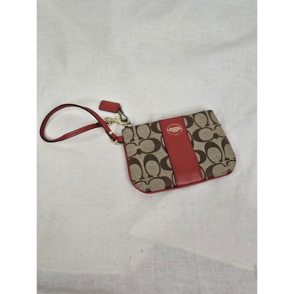 Coach Signature Wristlet Zip Pouch Brown With Red Leather Trim EUC - Picture 1 of 5